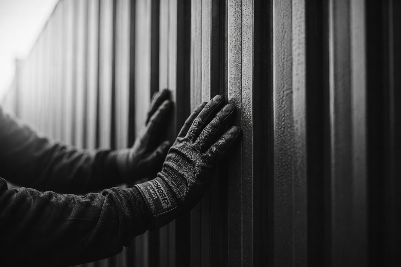 Gloved hands checking the finish on dark aluminium slat fencing